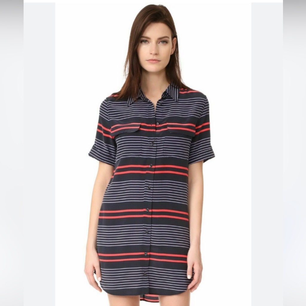 Equipment Femme Silk Small Striped Signature Button Down Shirt Dress Size M
